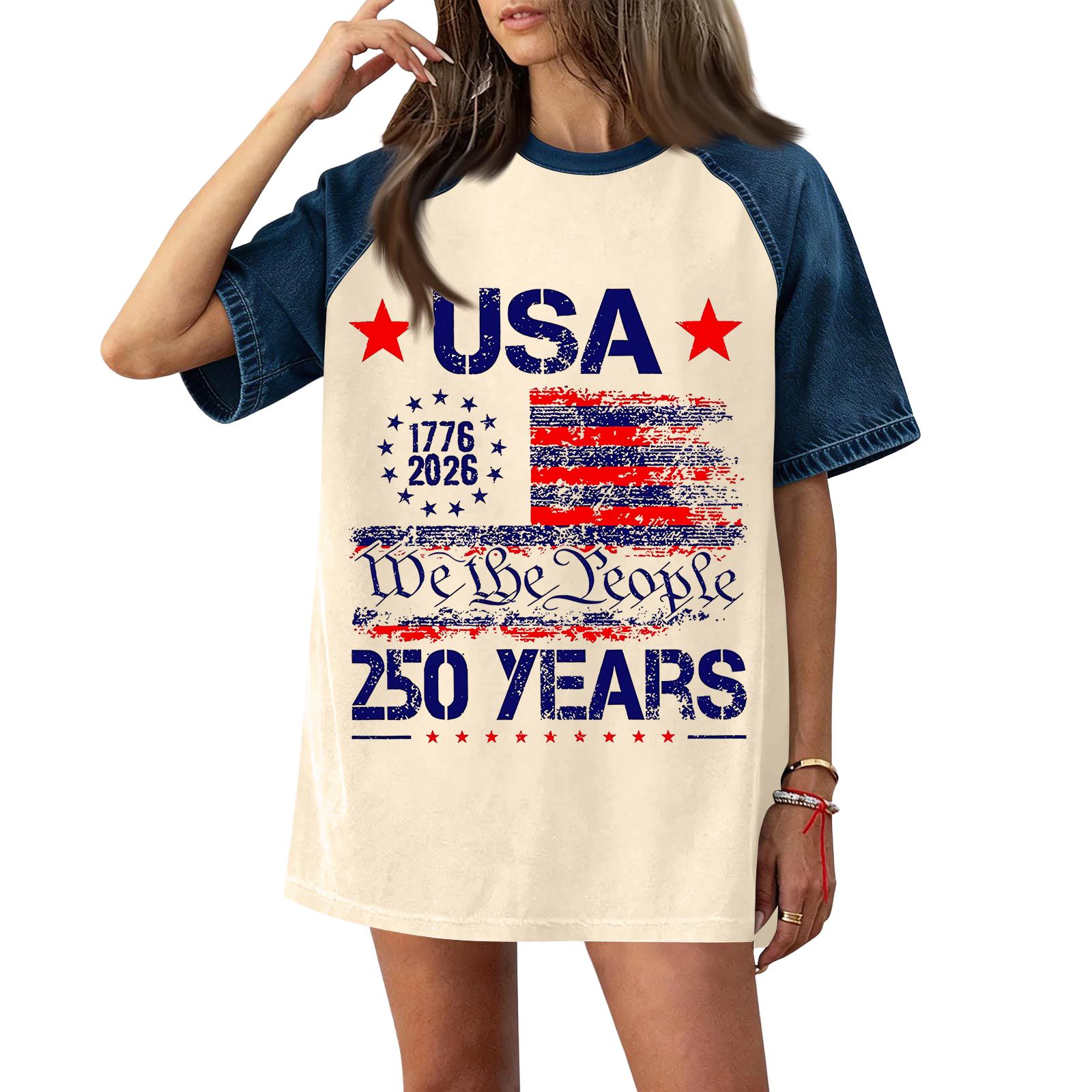 

Women Casual Short Sleeve T Shirt 250 Years Independence Day Print Denim Patchwork Loose Fit Tee Top XXXL хаки