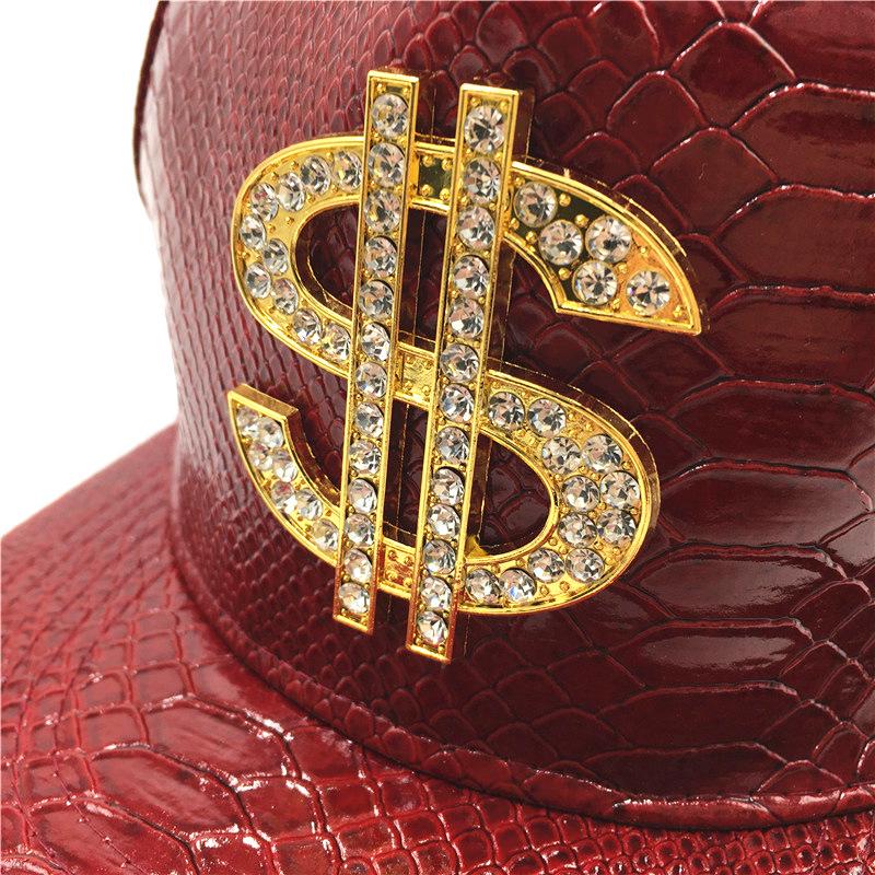 Crocodile Grain Hip Hop Baseball Cap with Rhinestone PU Leather Brim