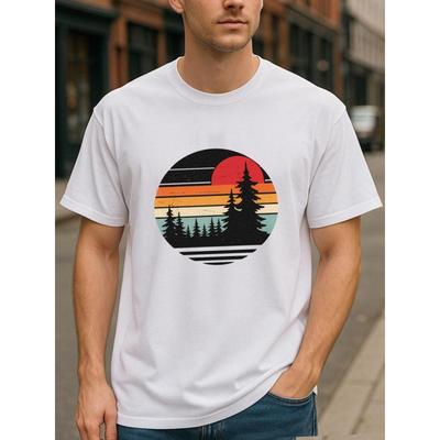 Europese maten Ronde Retro Zonsondergang Pijnboombos Uitzicht Heren Bedrukte Korte Mouw Shirt, Normale Zweetabsorberend en Sneldrogend Sport T-shirt