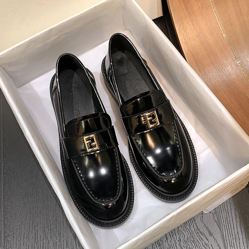 Gold Buckle Platform Small Leather Shoes Women's 2025 New Spring and Summer New British Style Leather Black One-pedal Loafers