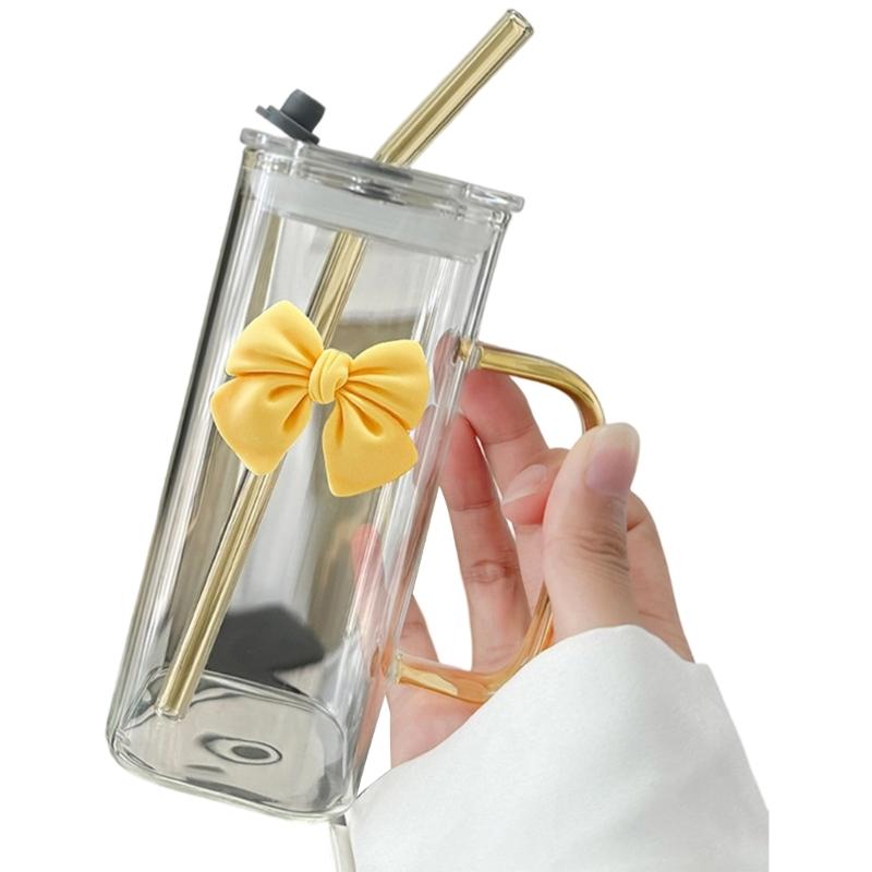 400ml quadratischer Glasbecher mit Strohhalm und Schleifenakzent Hitzebeständiger Wasserbecher für verschiedene Getränke