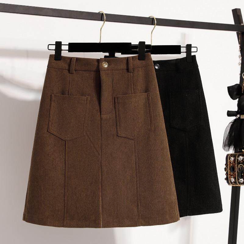 DIMANAF 2025 Plus Size Autumn Winter Women Skirts Short Corduroy Elastic Waist Trousers Oversize 5XL Black Thicken