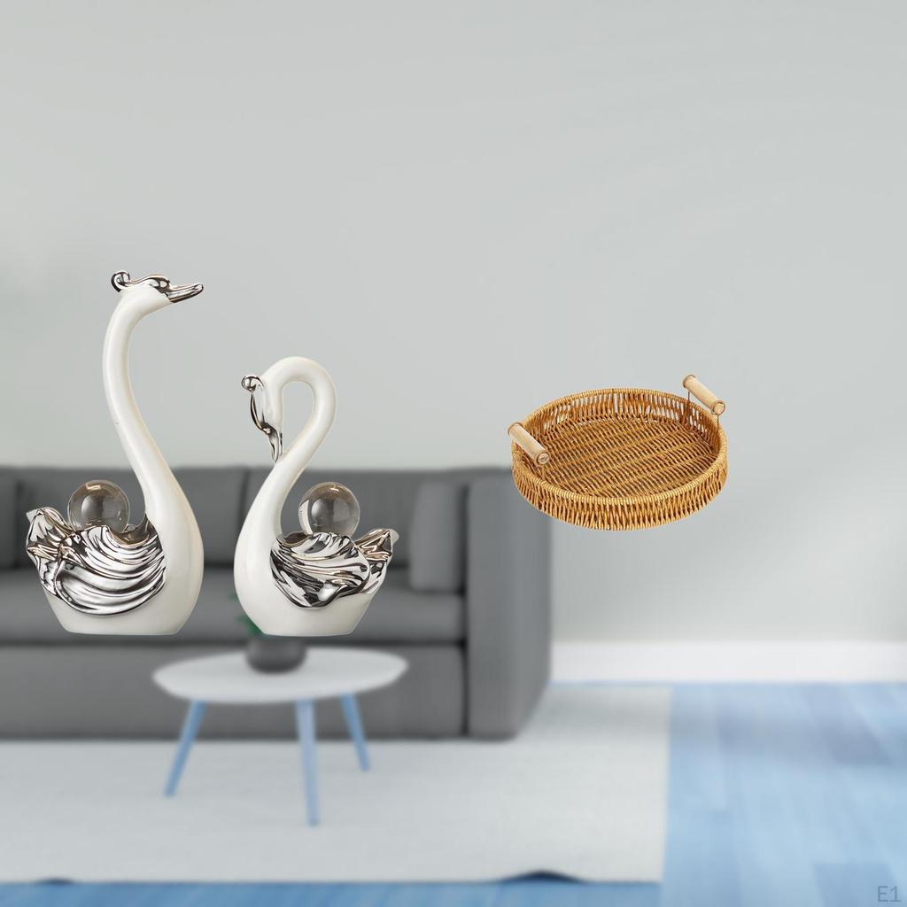 Porcelain Swan Figurine Collection And Woven Fruit Basket Decorative Crafts for Living Room Bedroom