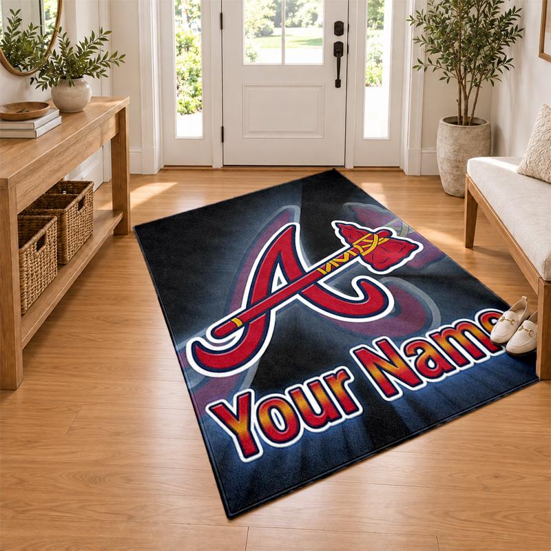 Atlanta Braves Custom Name Personalized Rug Non‑Slip Doormat Floor Carpet Housewarming Birthday Gift for Family Friends