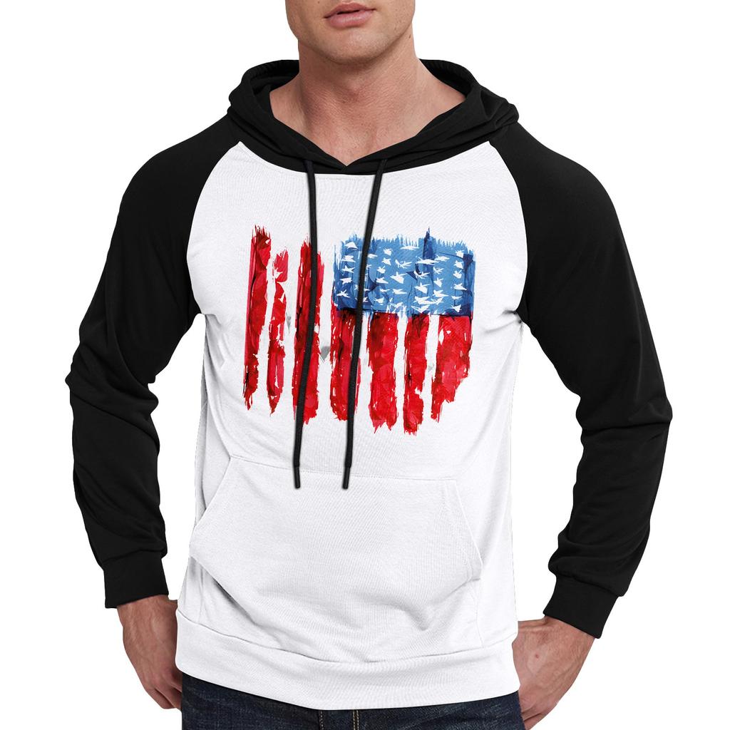 Herren Lässiges Kapuzen-Sweatshirt mit Kordelzug, lang, mit Flaggen-Print und Taschen