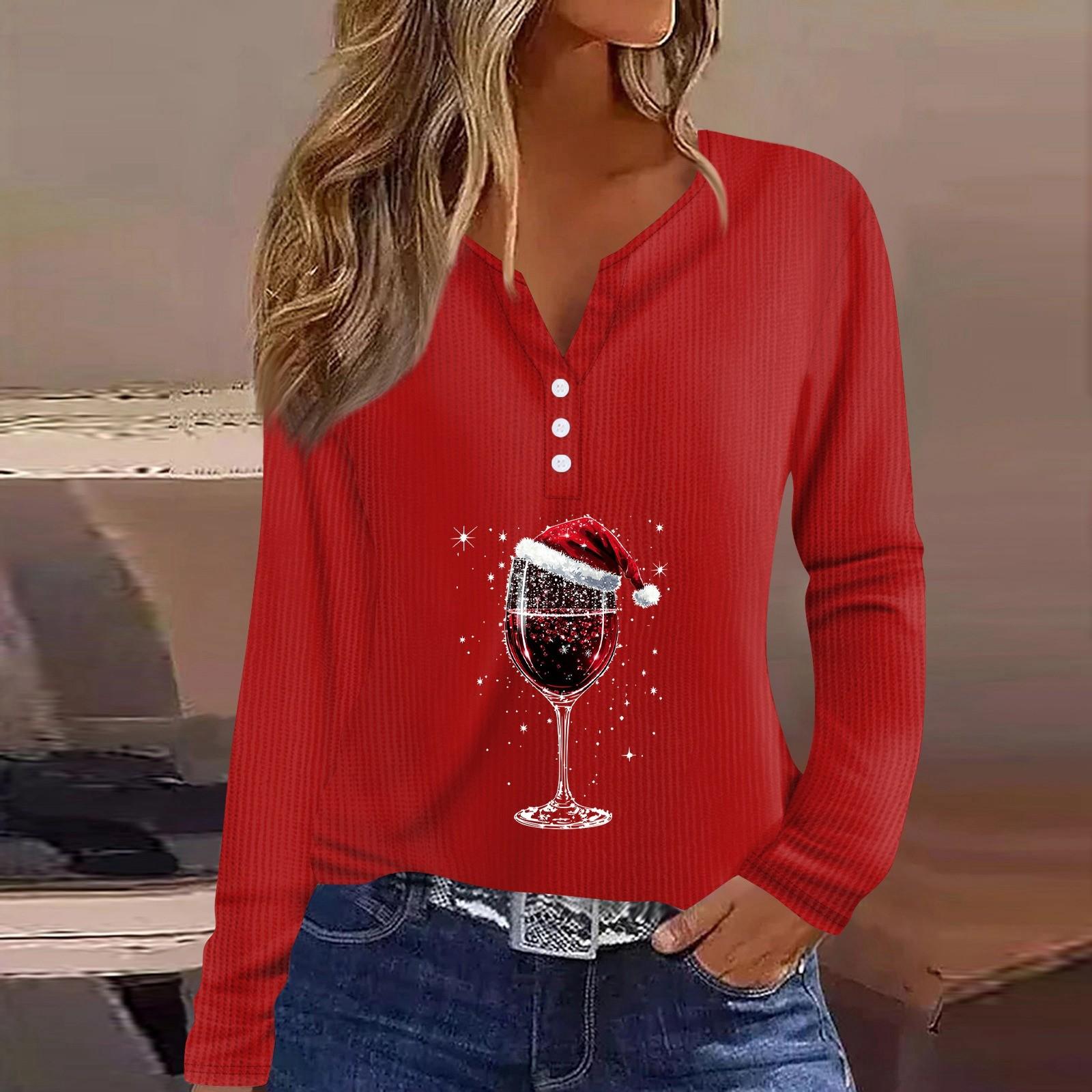 

Женская мода повседневная рождественская винная бокалная печать V-образный вырез рукав 3/4 пуговиц трикотажная толстовка с капюшоном обычный топ XXXL красный