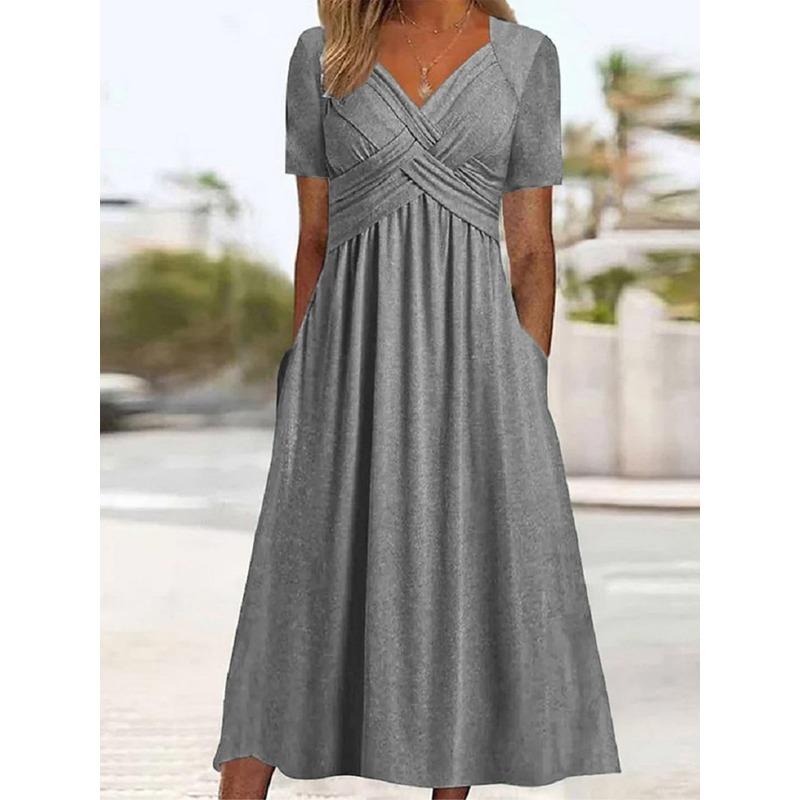 

JKASHDK Женские модные летние весенние однотонные повседневные платья с коротким рукавом и v-образным вырезом со средней талией XXXXXL серый