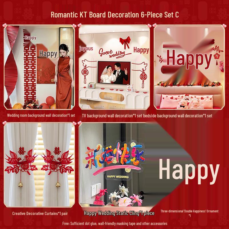 Wedding Room Décor Set: Bride & Groom's Background Wall with Double Happiness Decor