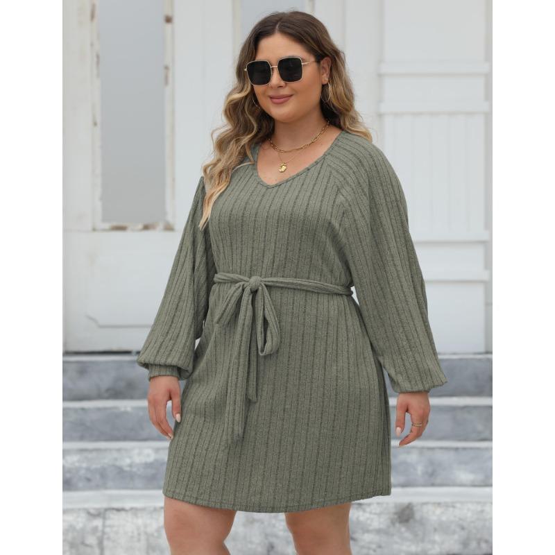 Women's Autumn and Winter Big Size Striped V-neck Casual Bottoming Simple Dresses