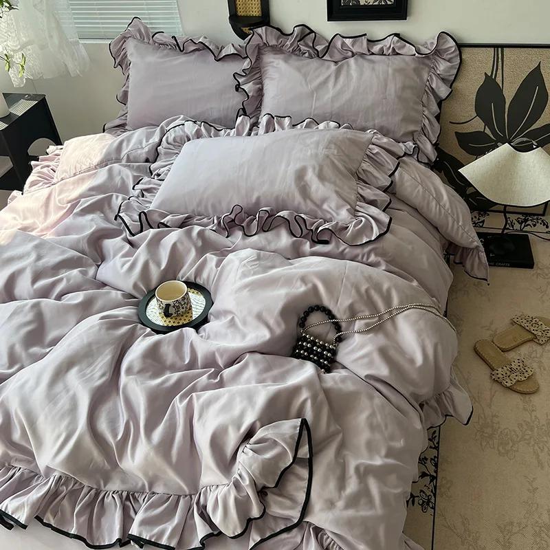 Four Piece Set of 180X220Cm Washed Ice Silky Bedding Korean Ruffled Quilt Cover for Bedroom Cooling Smooth Fitted Sheet Sets