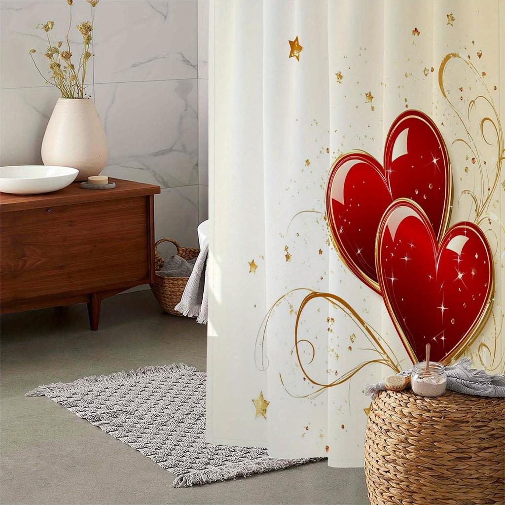 Valentine’s Day Golden Swirls & Sparkling Hearts Shower Curtain – Waterproof Polyester with  Machine Washable Bathroom Decor