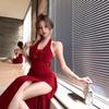 Red Three-dimensional Flower Neck Dress Women's Summer Slim Dress Long Dress Pure Waist Split Hip Skirt