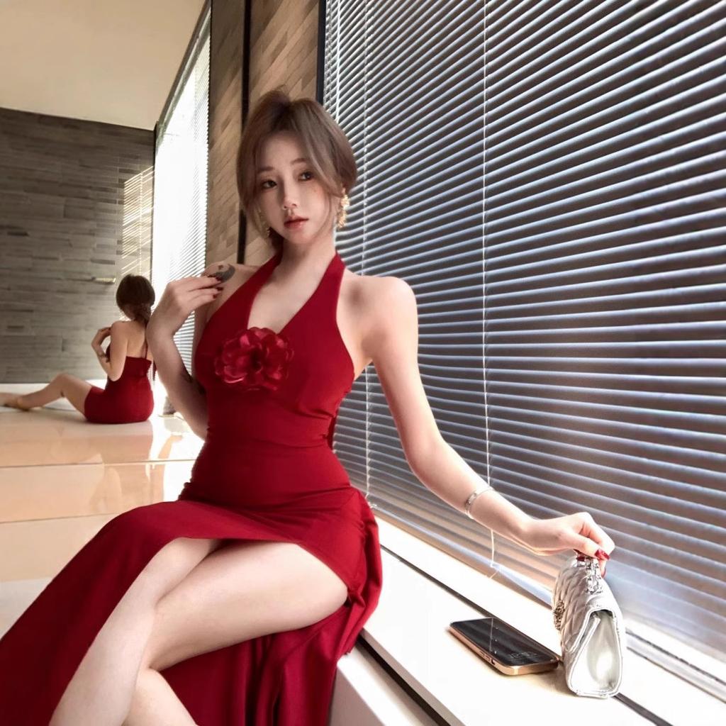 Red Three-dimensional Flower Neck Dress Women's Summer Slim Dress Long Dress Pure Waist Split Hip Skirt