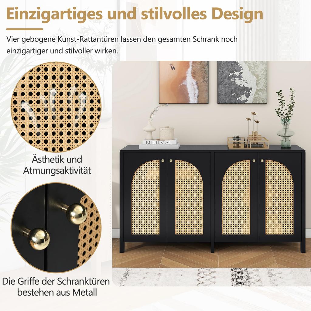 Sideboard with 4 Rattan Doors, Modern Buffet Cabinet Multipurpose Cabinet with Ample Storage Space, Adjustable Shelf, Side Cabinet for Living Room/dining Room