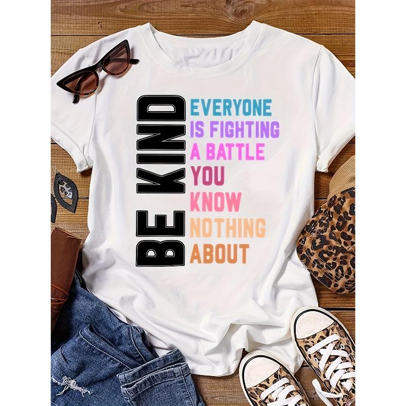 

Plus Size BE KIND Colorful Letter Print T-Shirt Round Neck Short Sleeve Tee S белый