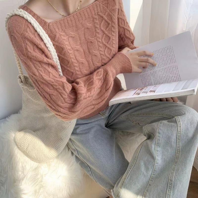 Korean Style Loose Square Neck Sweater - Women's Thick Cable Knit Waist-Slimming Top for Autumn/Winter