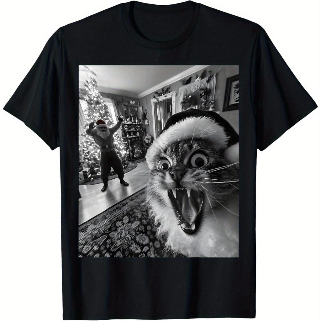Weihnachts-Katzen-Selfie T-Shirt Humorvolles T-Shirt Alle Jahreszeiten Reine Baumwolle Lässig Herren und Damen Geeignet Streetwear