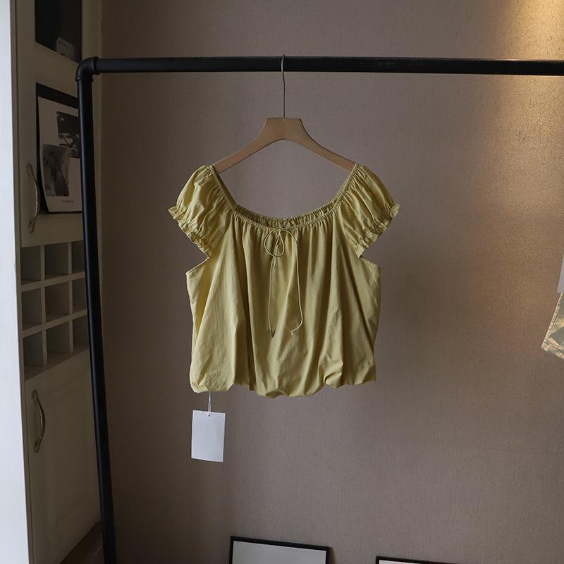 

[Bi Zheng] 2025 Korean Square Neck Sweet Lace-Up Bubble Sleeve Women s Shirt One Size лимон