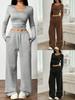 Women's Fashion Casual Wide Leg Pants Long Sleeve Crew Neck Solid Color Slim Fit Two Piece Set Autumn Winter Outfit