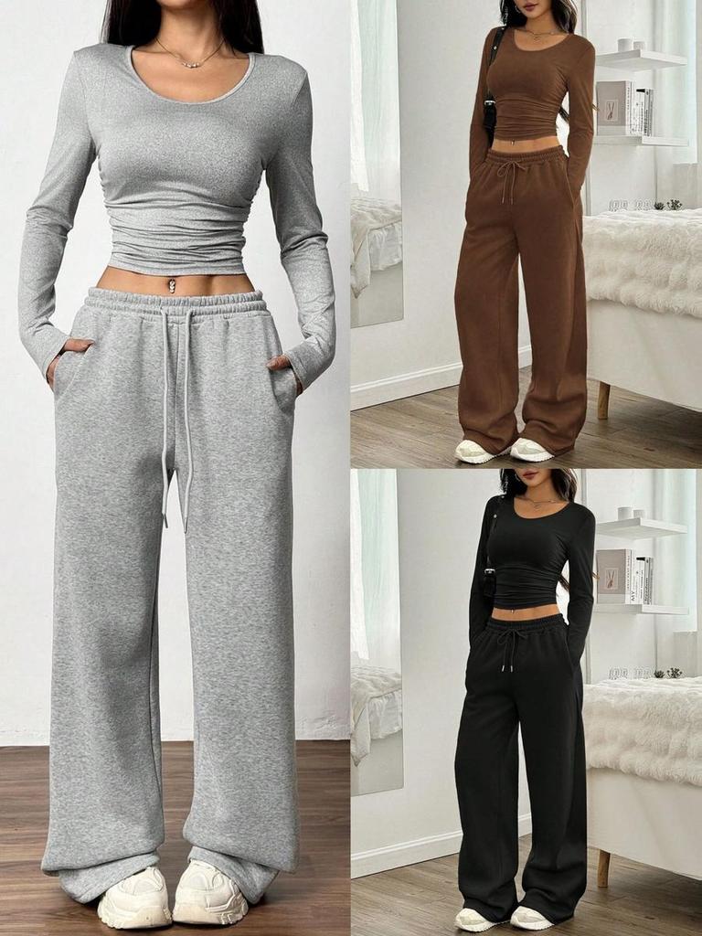 Women's Fashion Casual Wide Leg Pants Long Sleeve Crew Neck Solid Color Slim Fit Two Piece Set Autumn Winter Outfit