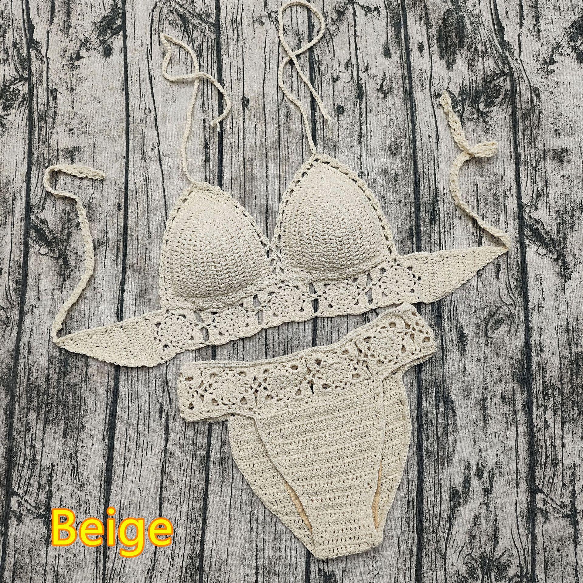 Europäisches und amerikanisches handgefertigtes Häkel-Bikini-Set, Strandbadeanzug, Bademode mit BH-Polstern L gray