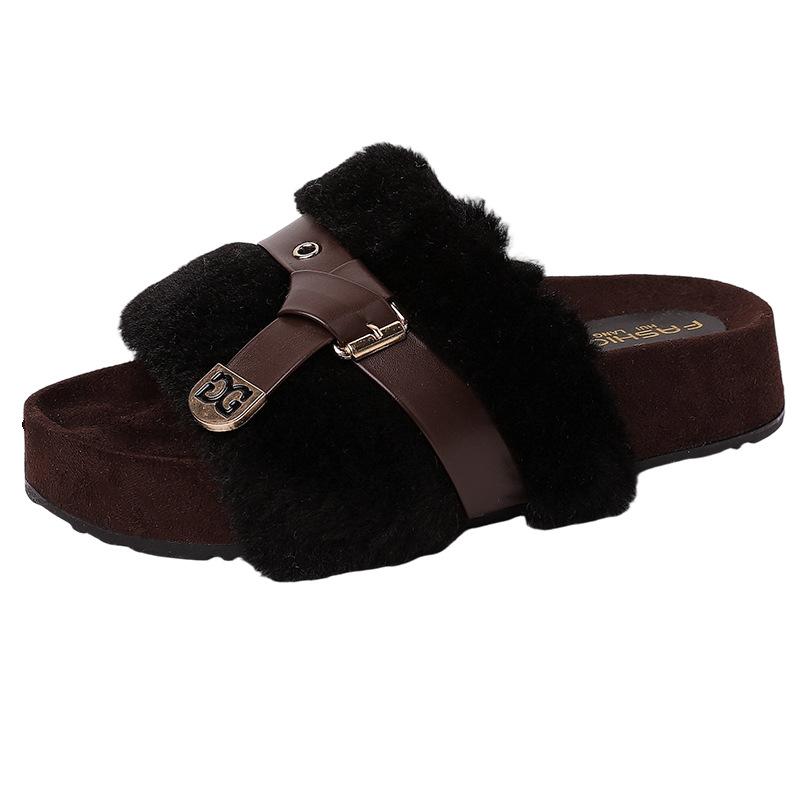 Retro design one-word belt buckle Mao Mao slippers women's autumn and winter fashion versatile belt buckle casual cotton slippers