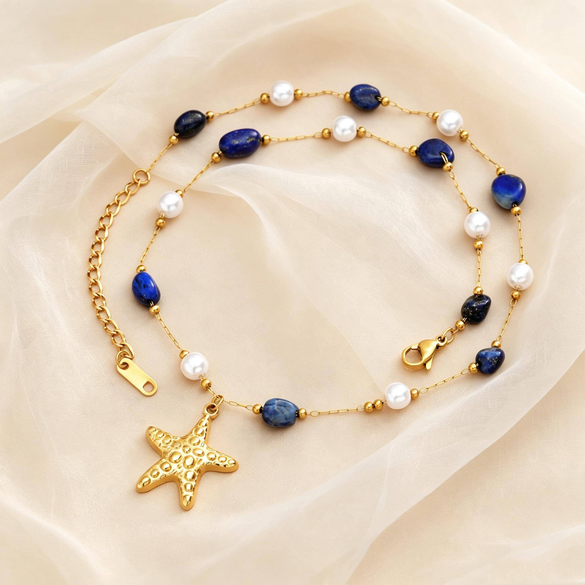 Elegant Chic Imitation Pearl Starfish Pendant Necklace Stainless Steel Natural Stone Necklace Ocean Summer Jewelry for Women