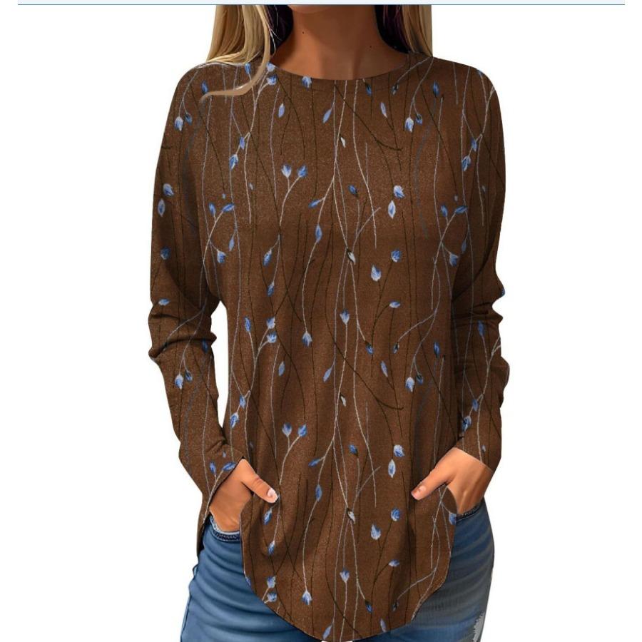 Vintage Langarm 3D bedruckte T-Shirts Blumen Rundhals Oberteil für Damenbekleidung