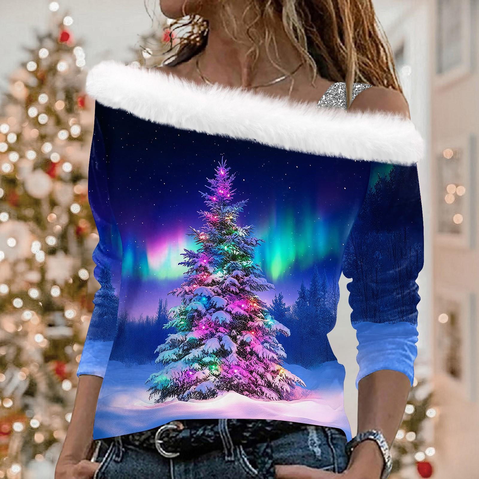 

Женские топы с длинными рукавами. Модные женские свободные пуловеры с открытыми плечами с рождественским принтом. S фиолетовый