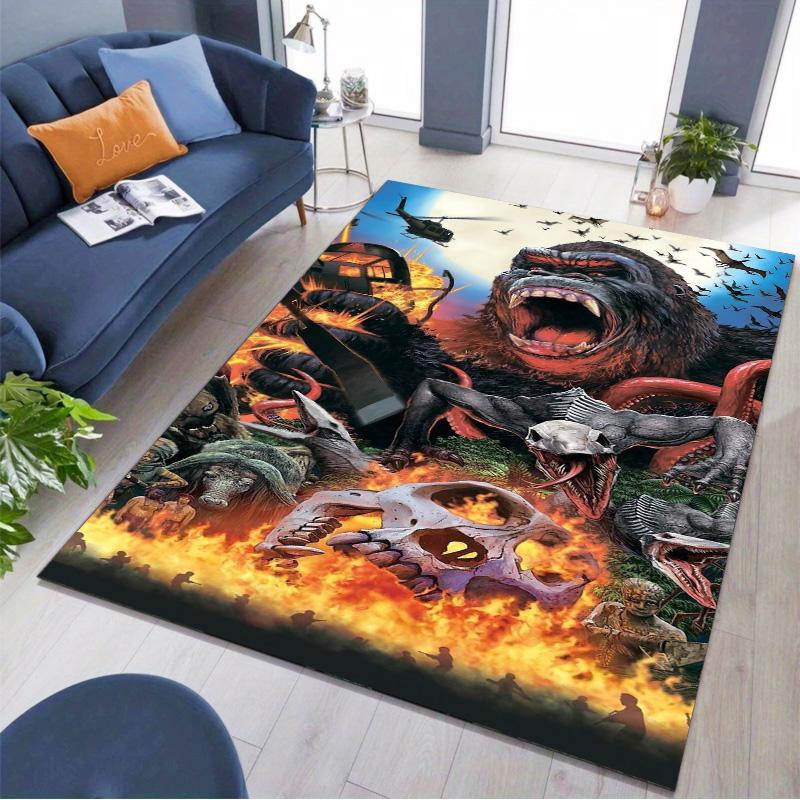 Giant Monster Beast Battle Scene Print Area Rug Non‑Slip Rectangular Floor Mat Fantasy Creature Decor Rug for Gaming Room Bedroom Living Room