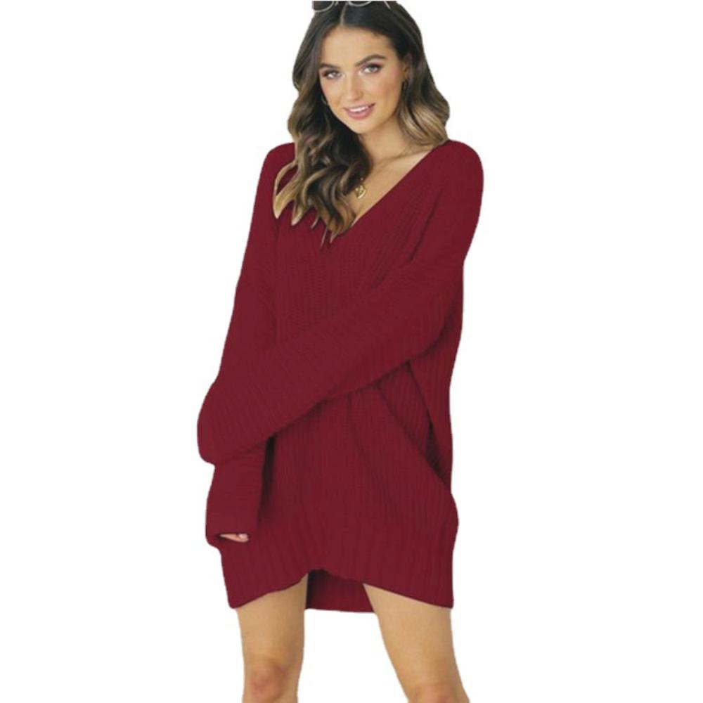 Sweater Women's Loose V-neck Mid Length Solid Color Casual Versatile Acrylic Knit Sweater