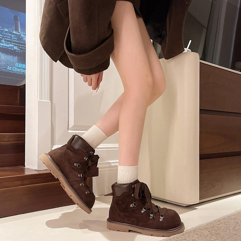 Retro Martin boots women's autumn and winter new lace-up side zipper black inner heightening short boots medium boxing boots