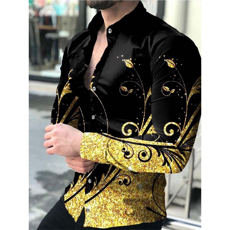 2024 Nouvelles Chemises Hawaïennes Chemises à Motifs Dorés de Luxe Mode Homme Chemises Décontractées Manches Longues Revers Chemises de Plage Vêtements pour Homme