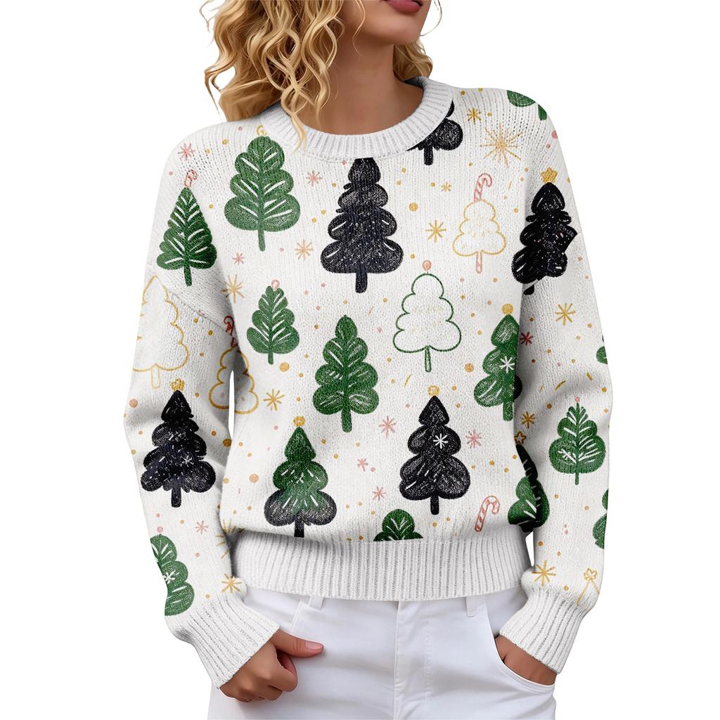Women's Christmas Print Crewneck Long Sleeve Sweater for Fall Winter Casual Wear