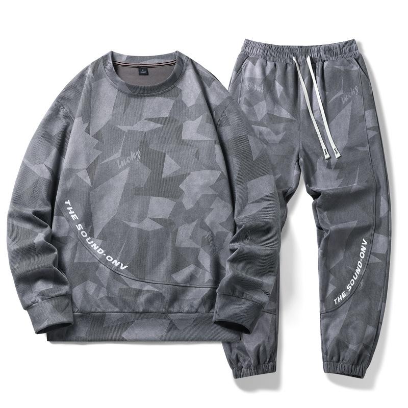 Eğlence Spor Takım Elbise Erkek İlkbahar ve Sonbahar Yuvarlak Boyun Kazak Gevşek İki Parçalı Set