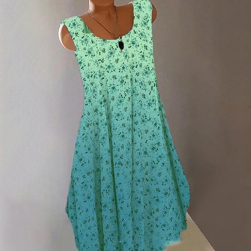 Women's Casual Loose Round Neck Floral Gradient Sleeveless Vest Dress