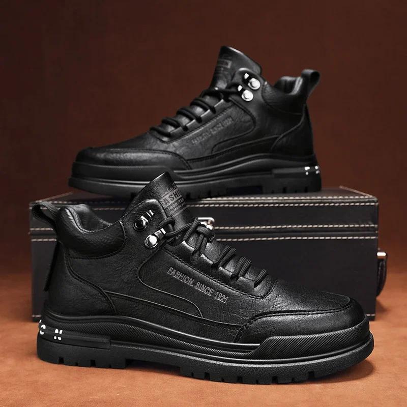 Fashion Men's Biker Boots Casual Mid Top British Tooling Shoe Keep Warm Trendy All-match Popular Motorcycle Lace-up Water Proof Boot Hot