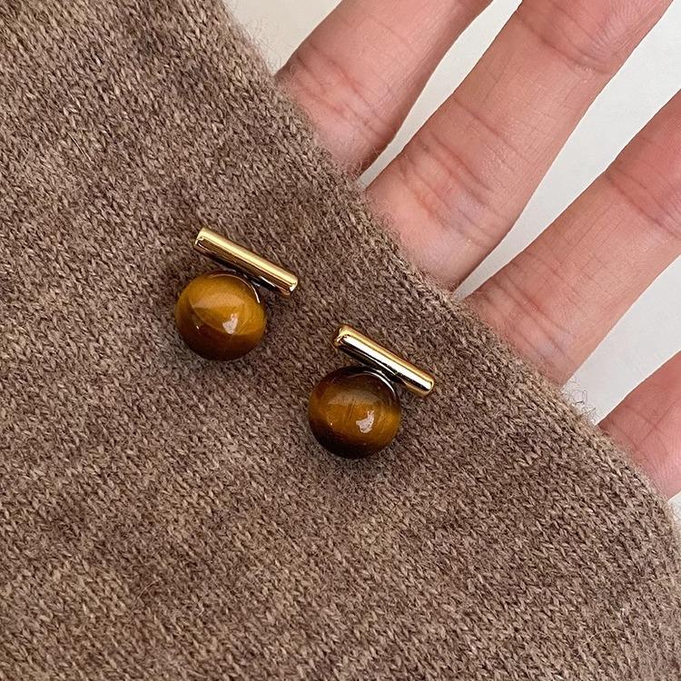 Muted Color Geometric Silver Stud Earrings - Retro Autumn/Winter Style