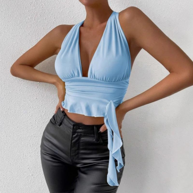 Summer Fashion Women's Casual Deep V Neck Sleeveless Vest Slim Fit Lace-up Backless Crop Tops Elegant Halter Neck Solid Color Casual Simple Tank Tops