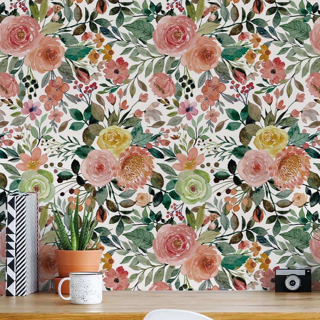 Pink Floral Peel And Stick Wallpaper Classic Green Leaves Watercolor Home Wall Decor Waterproof Flower Furniture Cabinet Sticker