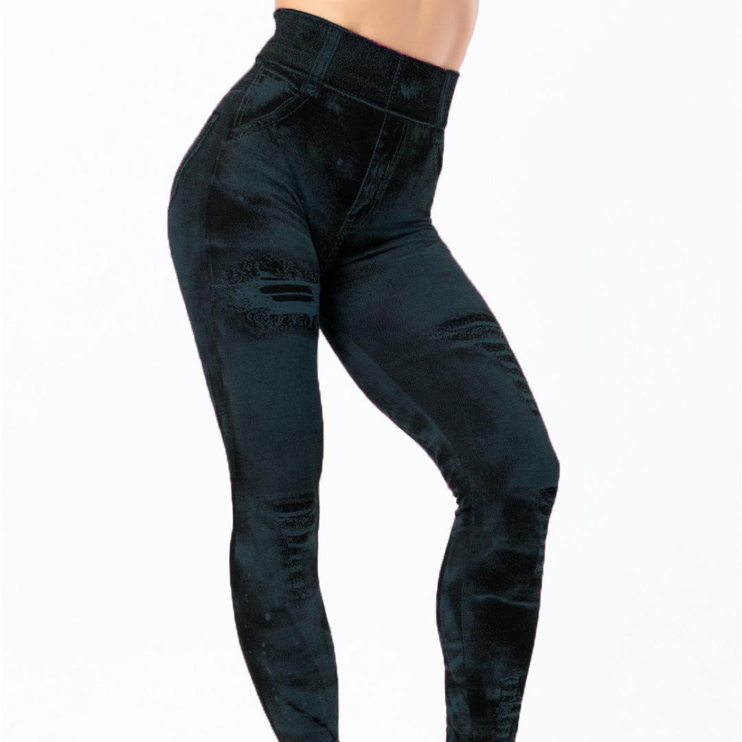 

Сексуальные леггинсы с имитацией джинсов, брюки с высокой талией, тонкие спортивные леггинсы с эффектом пуш-ап для фитнеса для женщин XL чёрный