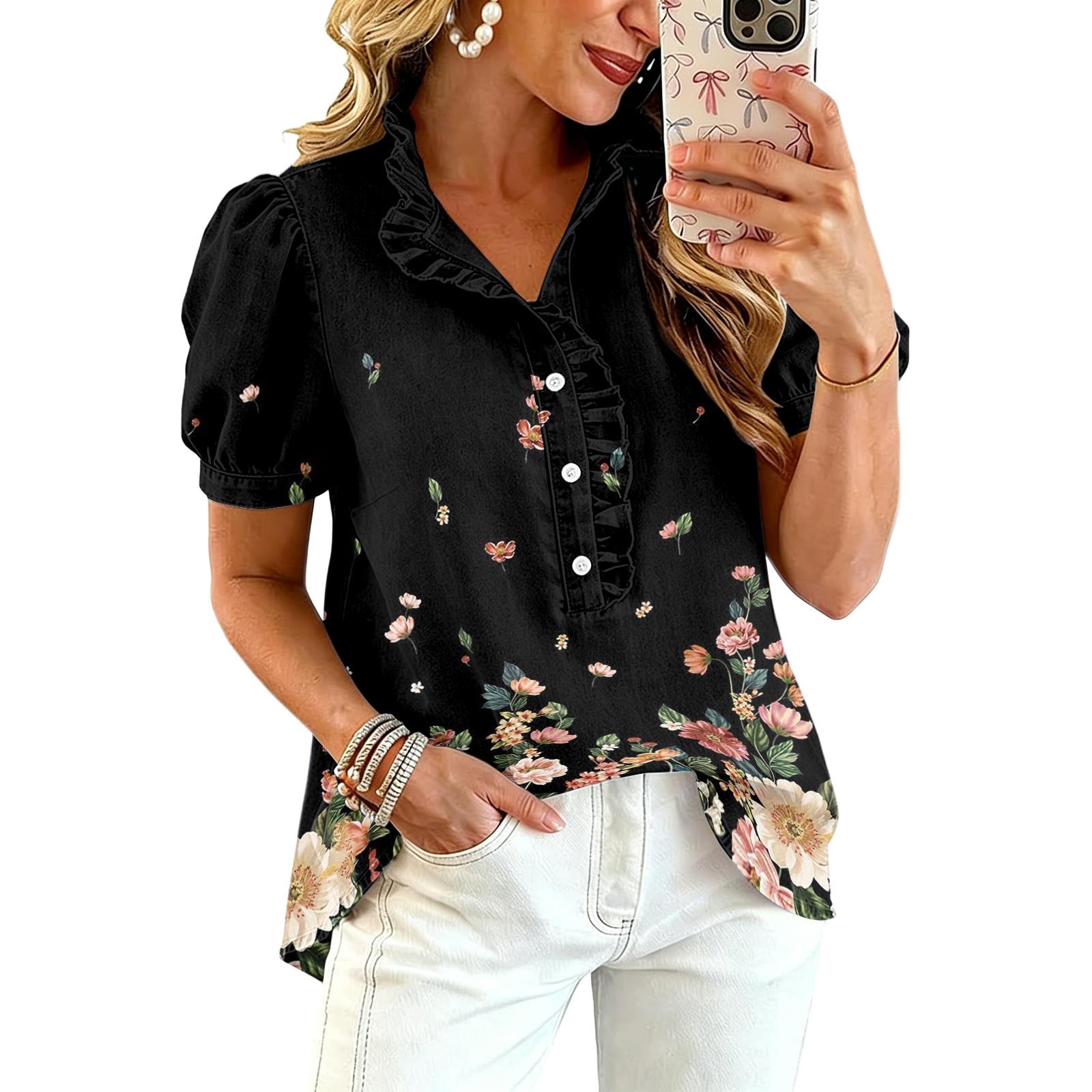 Women Ruffle V Neck Floral Print Blouse Short Puff Sleeve Casual Loose Fit Button Down Shirt Top for Daily Wear L