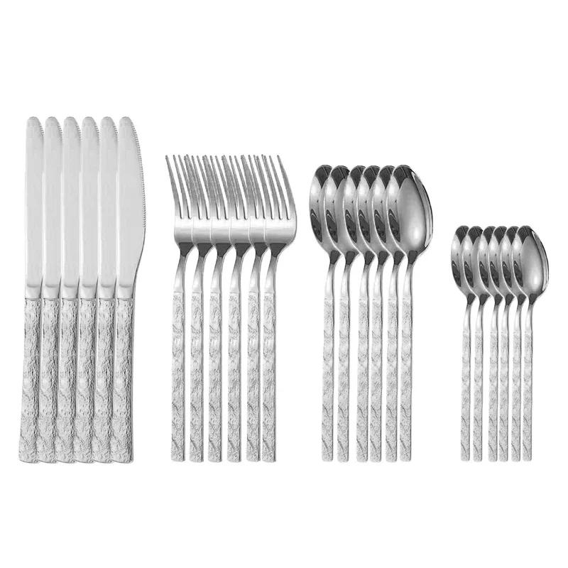 

Набор столовых приборов из 24 предметов из нержавеющей стали с черной каменной зернистой ручкой, столовые приборы, ножи, вилки, чайные ложки, столовая посуда для кухни, столовое серебро