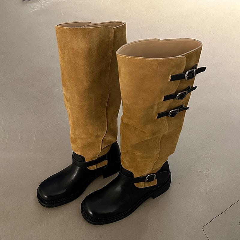 

Cowhide version~ thick-soled thick-heeled belt buckle retro boots for women s 25 new thin but knee-piled high boots 40 коричневый