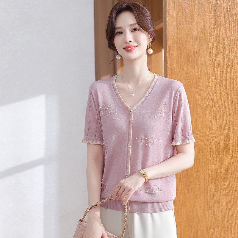 Summer Ice Silk Knit Top for Middle-Aged Women - Short-Sleeve, Stylish, Cooling T-Shirt