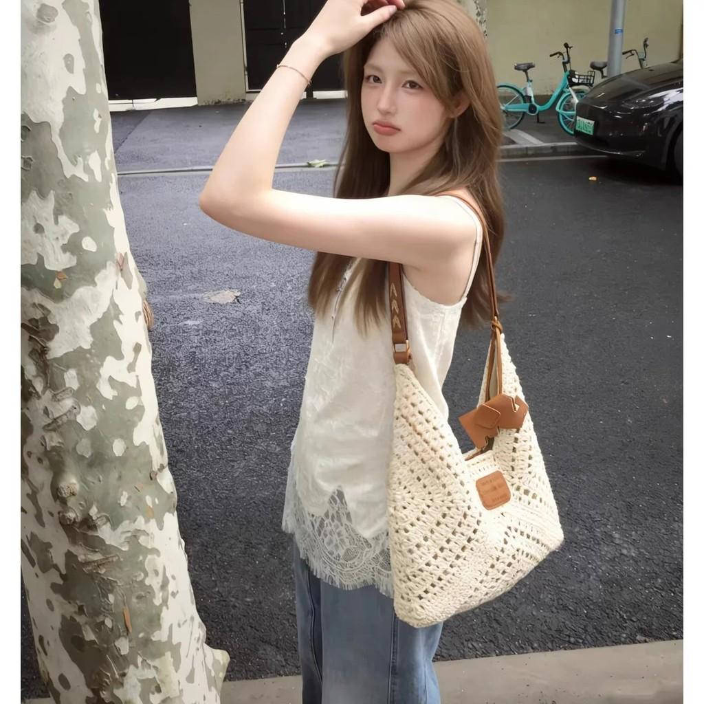 Cotton Rope Woven Bucket Bag With Drawstring Closure For Casual Travel And Day Use