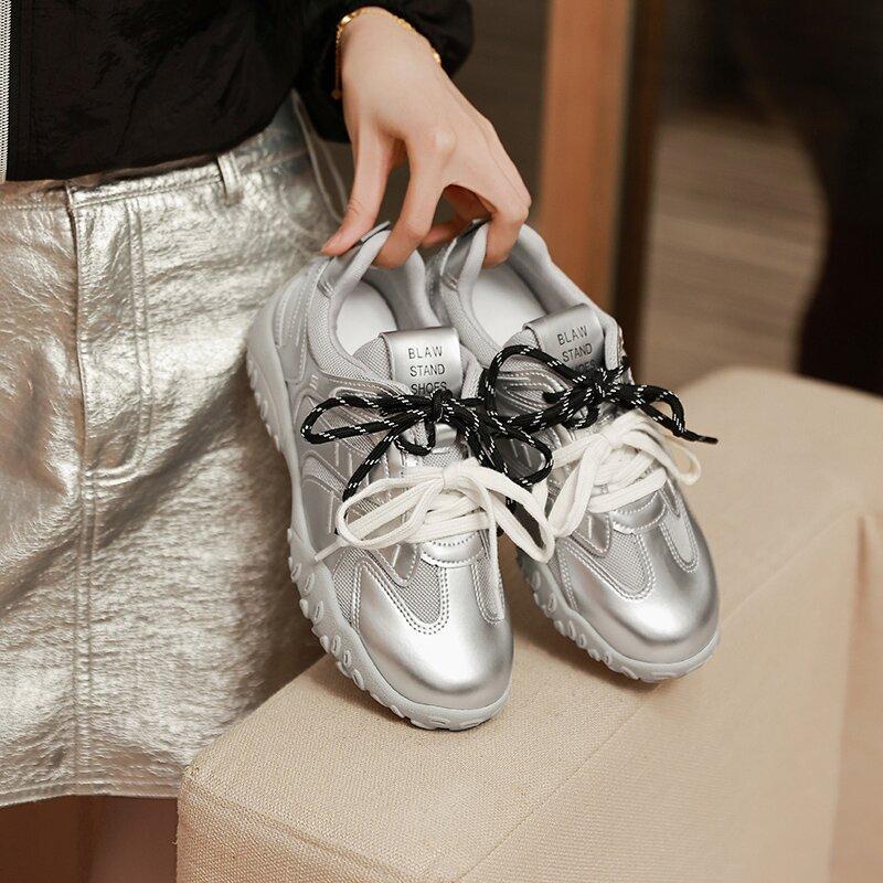 Retro Silver German Training Shoes for Women 2025 Spring New Versatile Platform Sports and Leisure Mesh Breathable Forrest Gump Shoes for Women