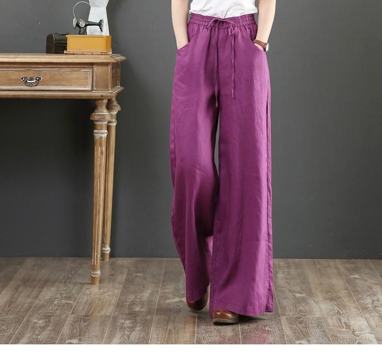 Sixteen Colors Multi-color High Waist Wide-Leg Linen Cotton Korean Style Women's Pants, Spring/Summer, Plus Size, Floor-Length, Straight Leg.