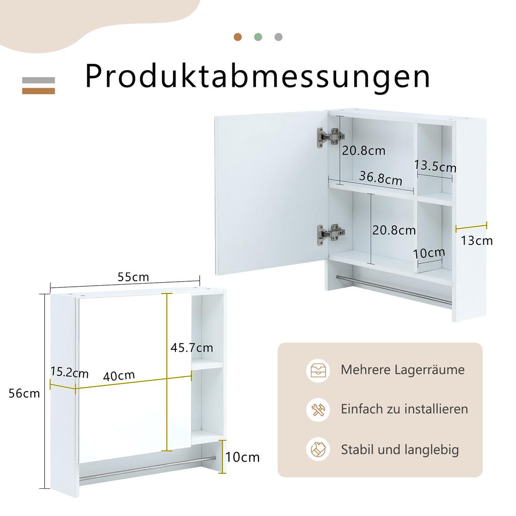 Modern Bathroom Mirror Cabinet White made of MDF – Wall-Mounted Bathroom Cabinet with Mirror & Storage Compartments