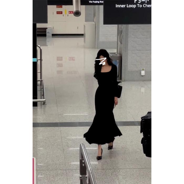 

Elegant French Retro Black Dress - Women s Autumn/Winter High-End Waist-Cinching Slimming Long Skirt One Size